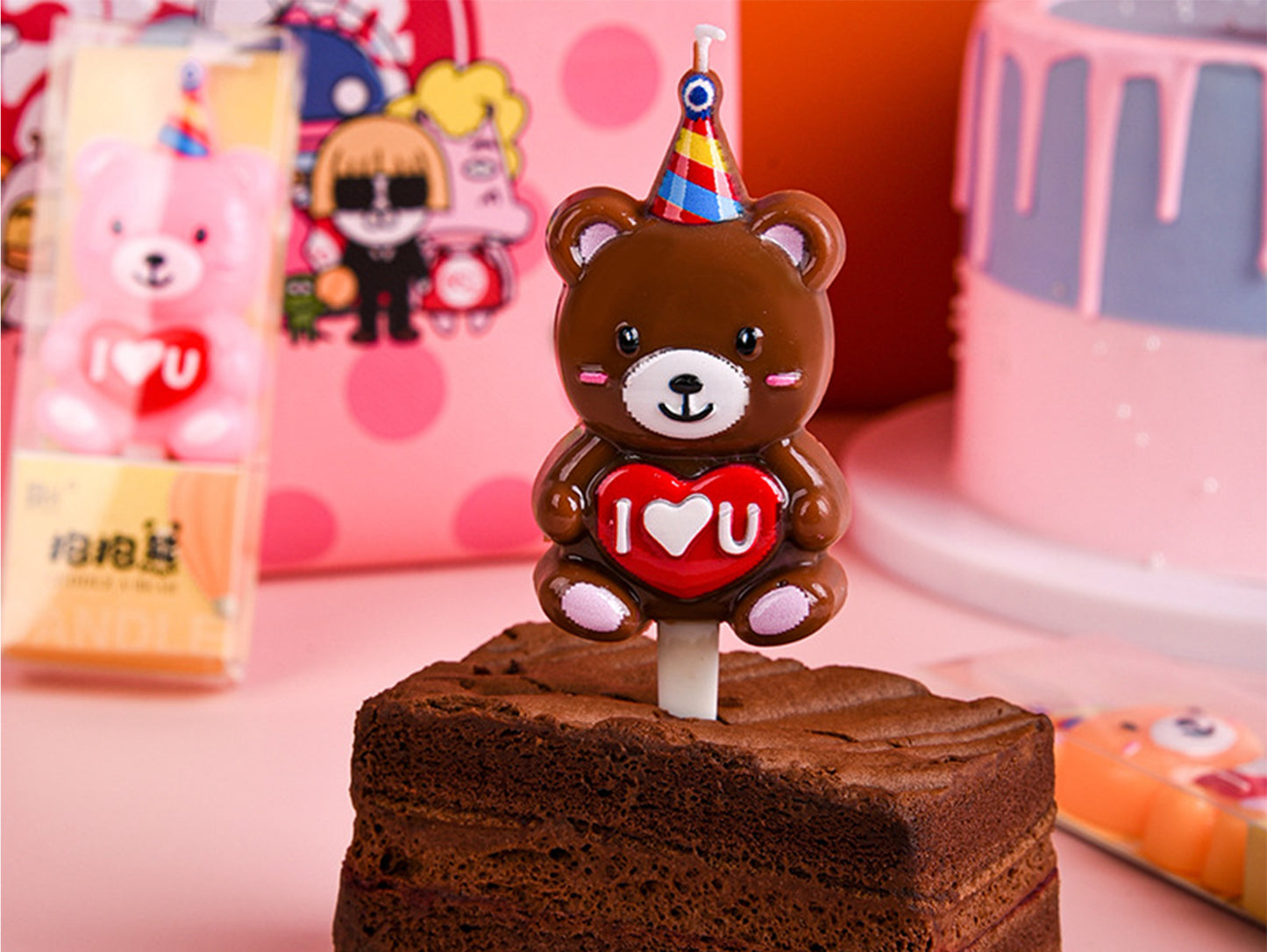 Bear Cake Candle with Colorful Hat and I Love You Letter