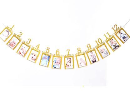 Gold Number Birthday Photo Frame Banner, Baby's 1st Year Birthday Photo Banner Bunting