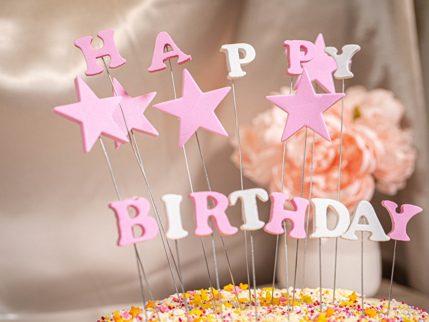 Happy Birthday Letter DIY Cake Toppers, Pink Birthday Cake Decorations