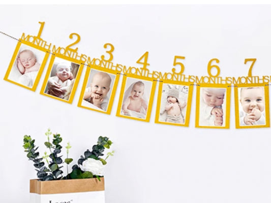 Gold Number Birthday Photo Frame Banner, Baby's 1st Year Birthday Photo Banner Bunting