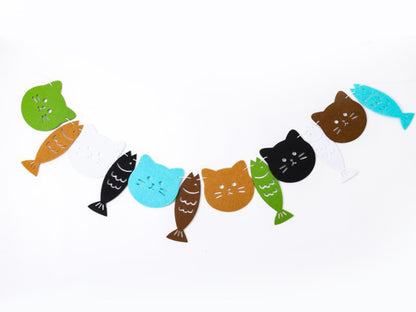 Cat & Fish Banner, Kitty Felt Hanging Bunting, Birthday Party Banner