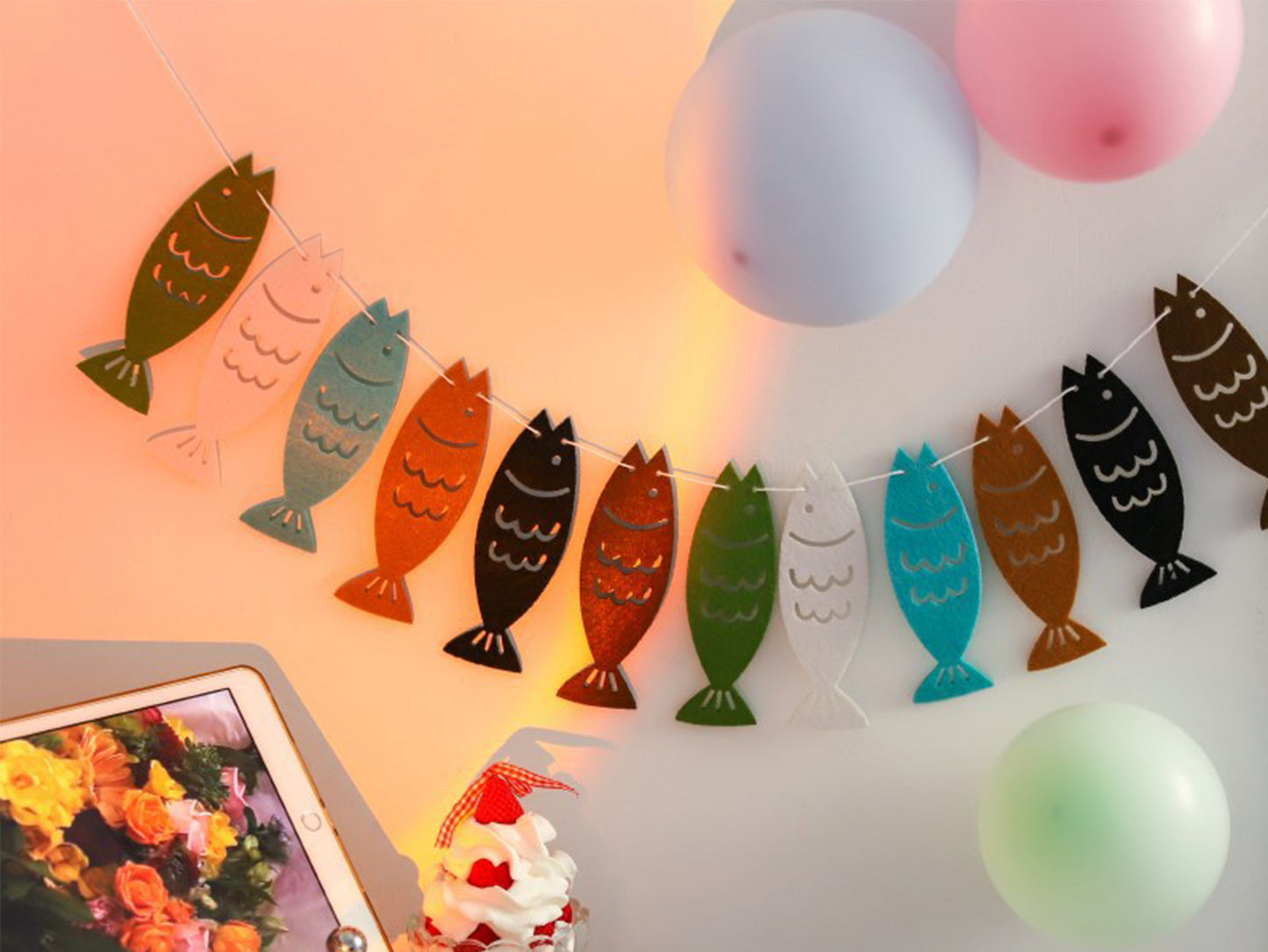 Cat & Fish Banner, Kitty Felt Hanging Bunting, Birthday Party Banner