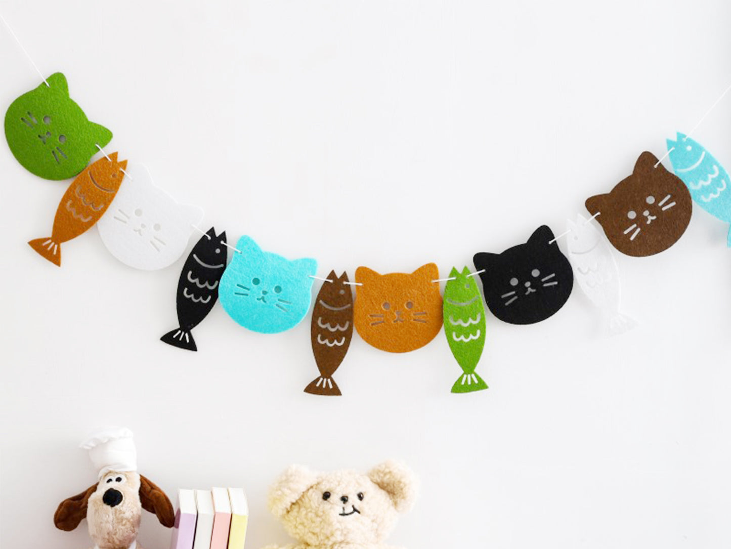 Cat & Fish Banner, Kitty Felt Hanging Bunting, Birthday Party Banner