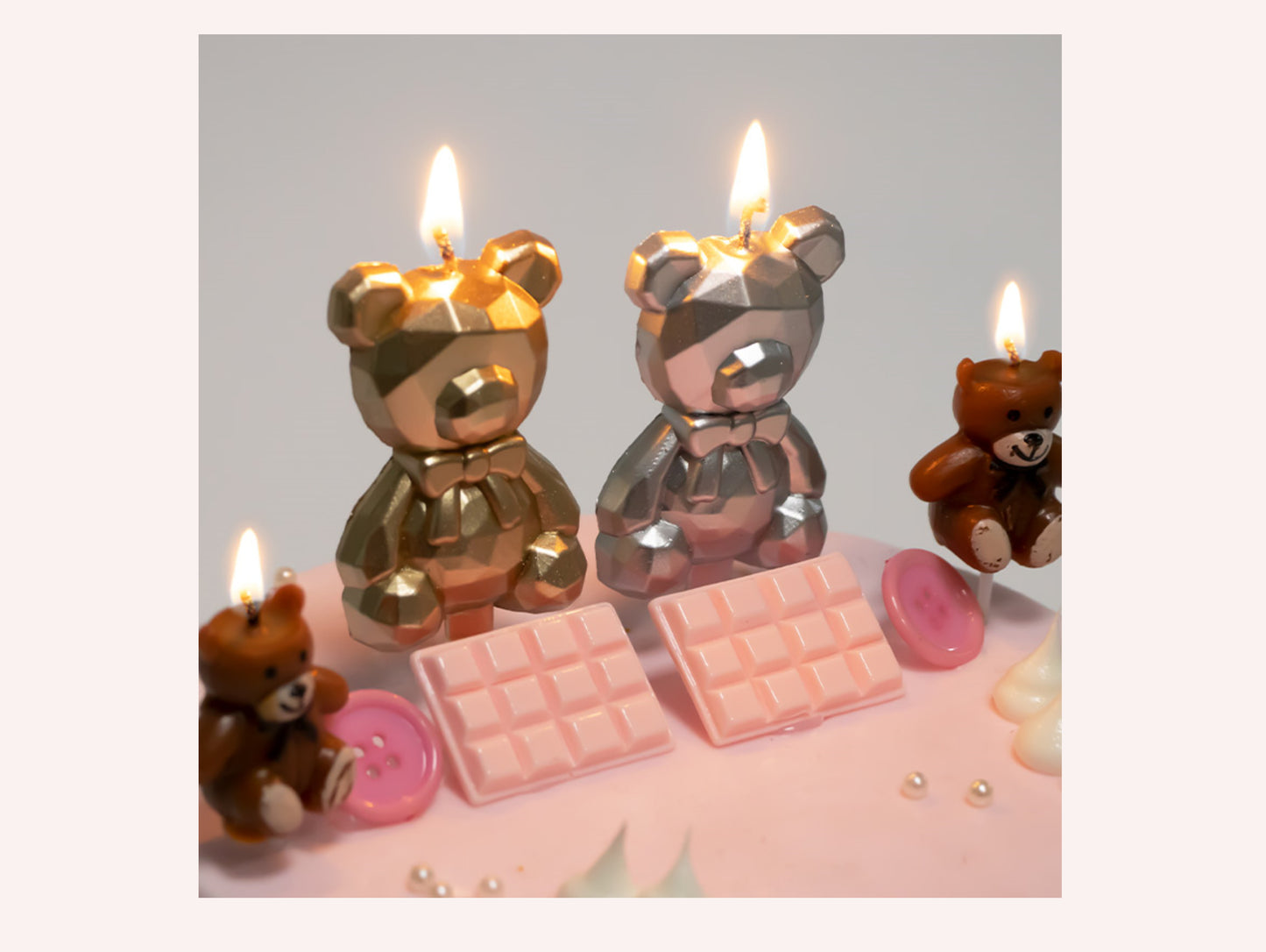 Silver Gold Bear Cake Candle, Rhinestone Diamond Bear Cake Candle