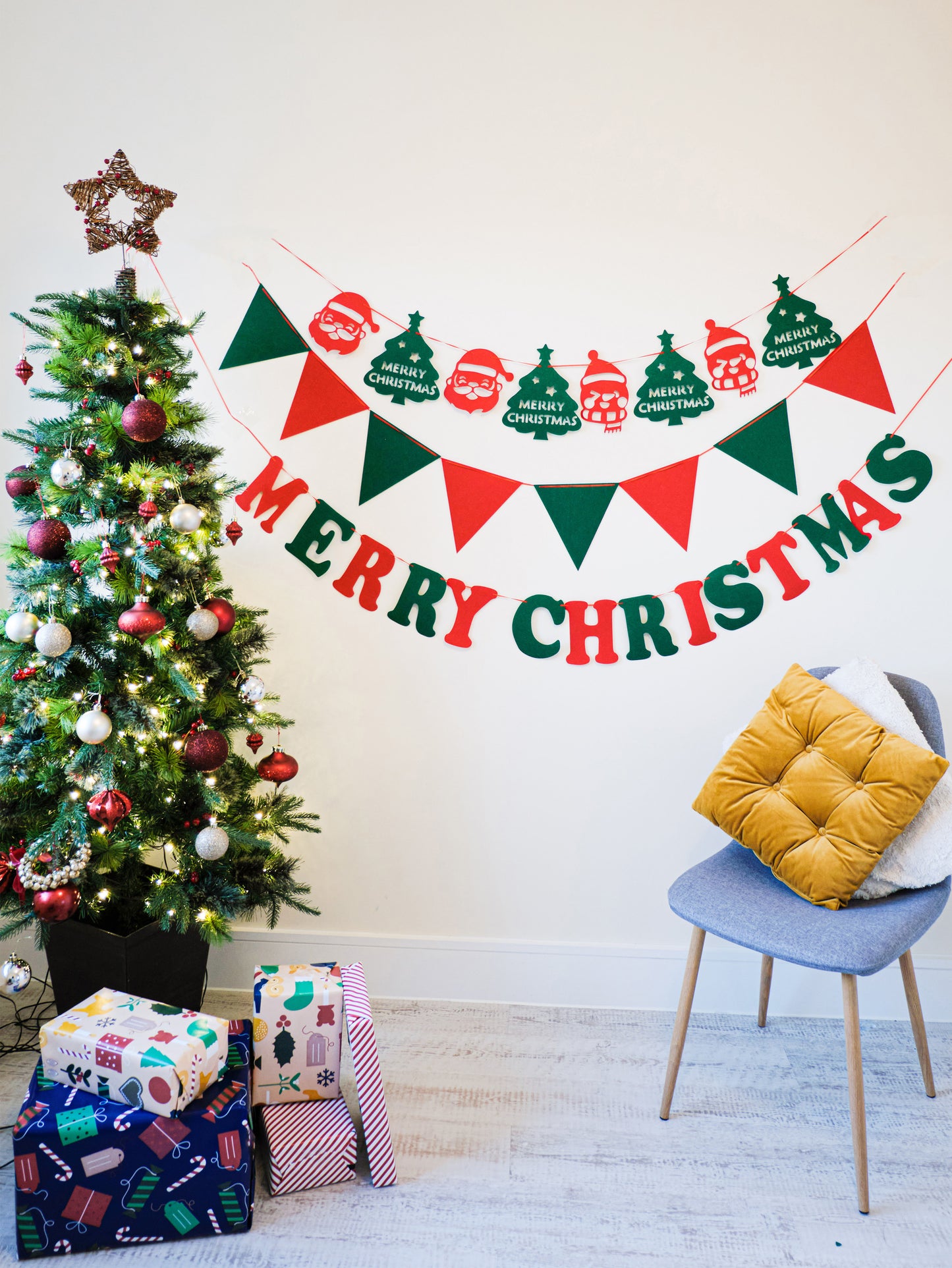 Felt Christmas Banner, Christmas Santa Tree Bunting