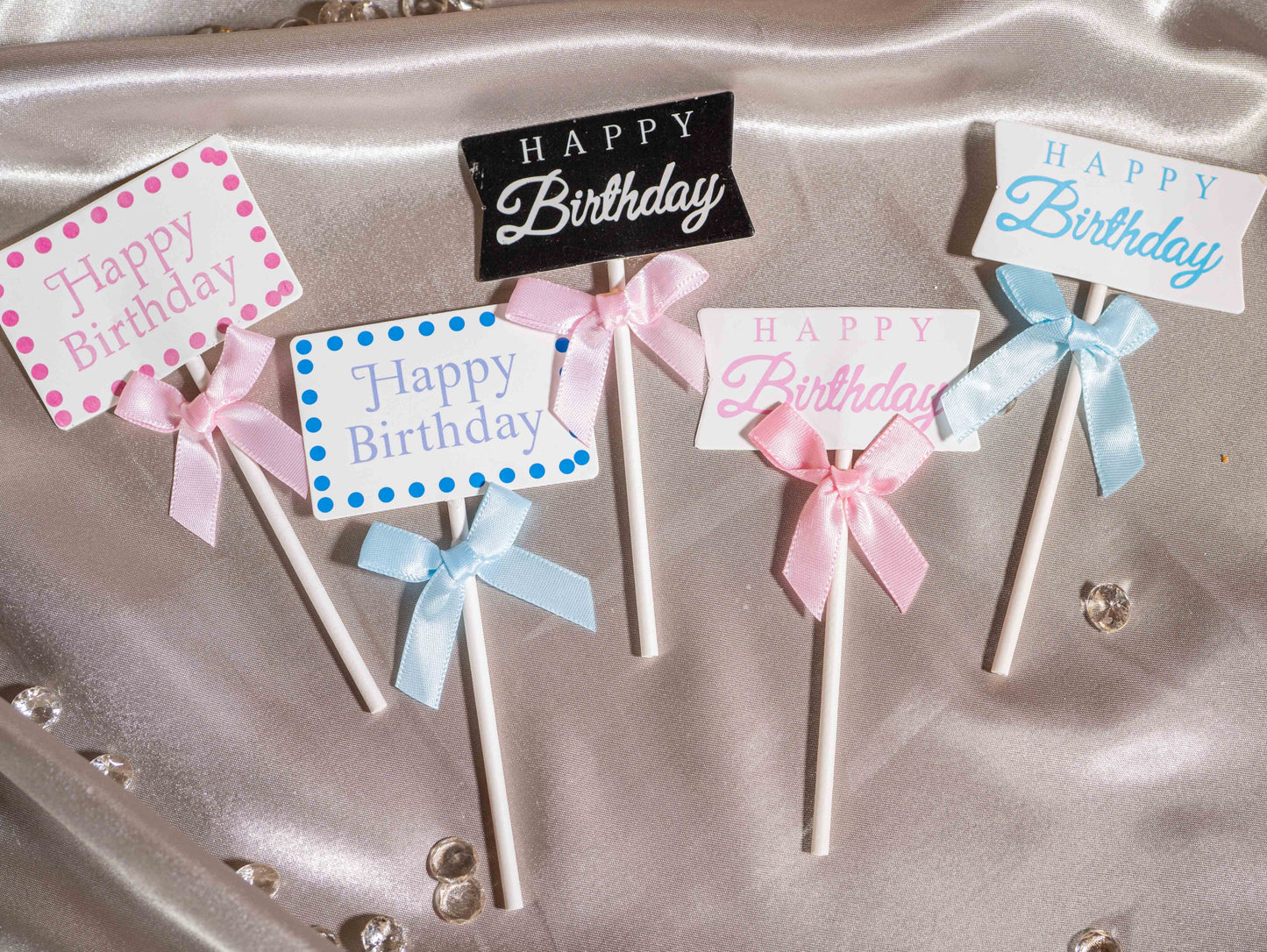 5pcs Bow Tie Cake Toppers, Pink Blue Birthday Cake Toppers