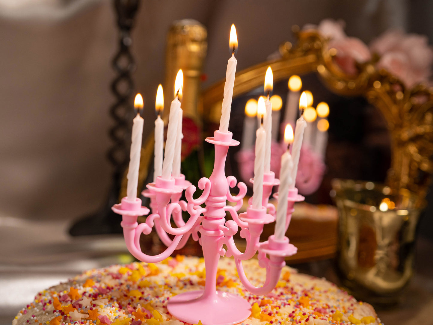 Pink Vintage Candlestick Candelabra Bracket and 9PCS Candles 1 Set