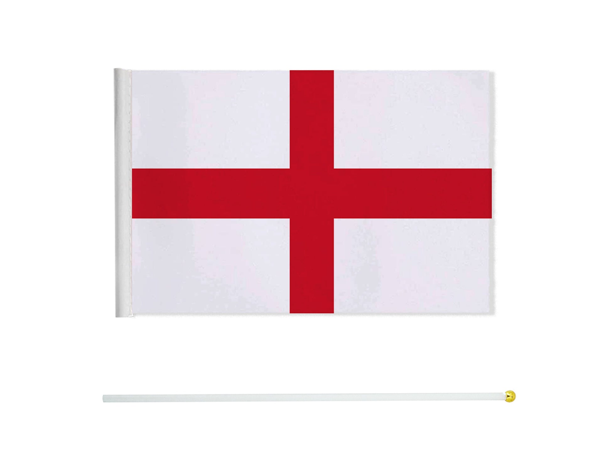 The image shows the flag of England, a red cross on a white background, with a flagpole featuring a golden finial